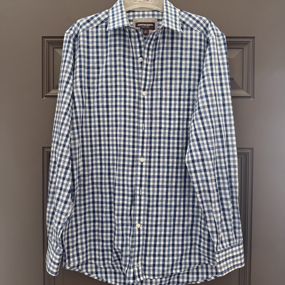 Johnston And Murphy Men's Button Down Blue White Checkered Medium M EUC